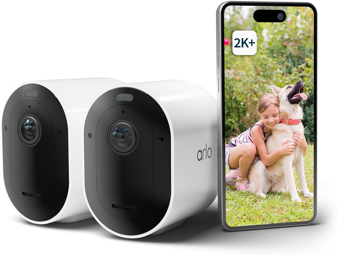 Arlo Pro 5 Telecamera WiFi Esterno Senza Fili, Telecamera WiFi Interno, 2K HDR, Sirena Allarme Casa, Sensore Di Movimento, Visione Notturna Colori, Prova Inclusa Arlo Secure, 2 Telecamera, Bianche